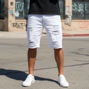 FS Mens White Distressed Ripped Denim Shorts Frayed Hem Size 34